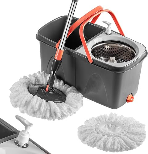 KADAX Fregona giratoria con función de escurridor, fregona con cubo de doble cámara, fregona de limpieza, fregona con mango telescópico, fregona con cubo