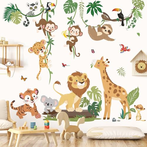decalmile Adesivi Murali Animali della Giungla Vite Adesivi da Parete Giraffa Leone Scimmia Safari Decorazione Murale Camerette Bambini Camera da Letto Asilo Nido