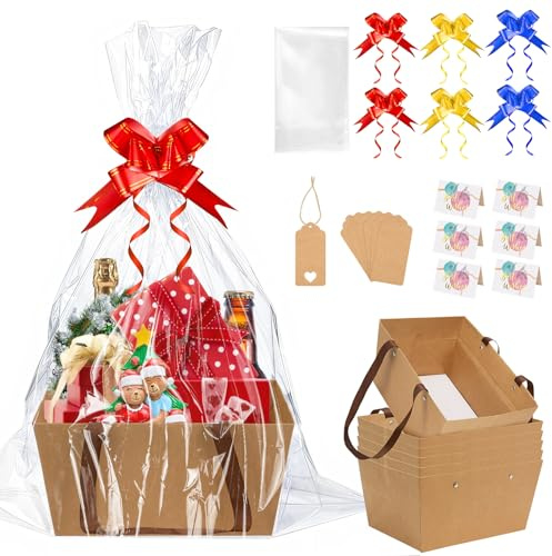 SelfTek 6PCS Cestas de Regalo, Cesta Vacía de Papel Kraft con Bolsas de Celofán, Lazos, Etiquetas y Tarjetas de Felicitación, Crea Tus Propias Cestas de Regalo para Cumpleaños, Navidad, Boda (Marrón)