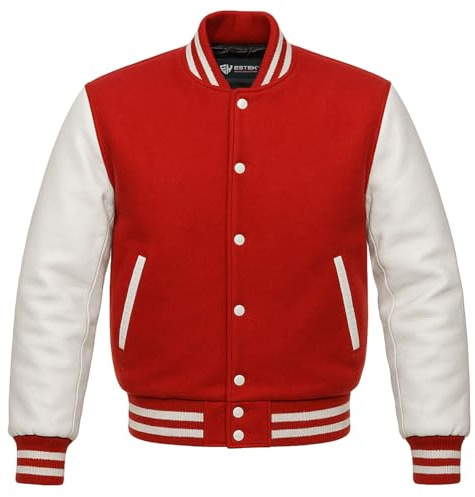 EK ESTEK SPORTS Letterman Baseball School College Varsity Bomber Jacket in Wool Blend & Real Cowhide Leather Sleeves