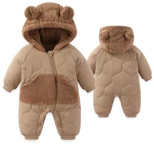 JiAmy Baby snödräkt, småbarn fleece vinter snödräkter björn huva fotsparkdräkt tecknad baby flickor pojkar kläder kläder kläder för 3-24 månader, Brun, 9-12 Months
