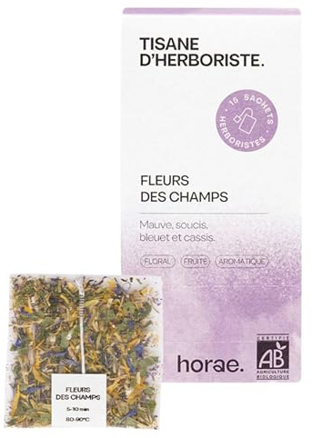 Horae - Tisane de Fleurs des champs bio 15 sachets - Tisane florale de mauve, soucis, bleuet et cassis - Composition florale à infuser - Tisane d'herboristes produite en France