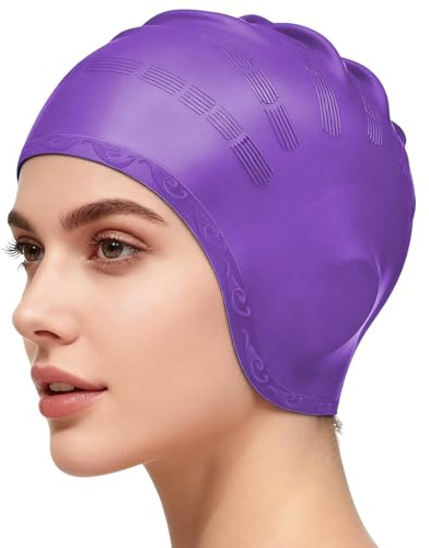 Silicone Swiming Cap, Swim Caps with 3D Ear Protection Hypoallergenic Waterproof Swimming Hat Fits Long & Short Hair Lightweight Elastic Anti-slip Swim Hat for Women Men Adult & Youth (Purple)