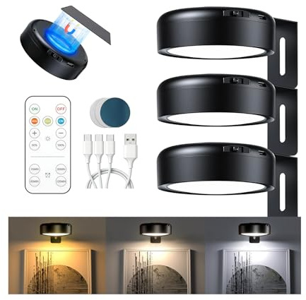 LIAISIMI 3 Piezas Luces Para Cuadros con Mando,Luces Inalámbricas para Cuadros Recargables, 3 Temperaturas de Color,Temporizador,Luz Pintura LED Magnético para Vitrina,Armario,Dormitorio (Negro)