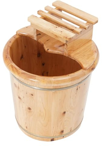JIAOYINZI Wooden Footbath Bucket with Lid & Stool,15.75 inch Thickened Wooden Foot Bath Tub Footbath Barrel for Home Spa, Massage, Sauna(with Stool)