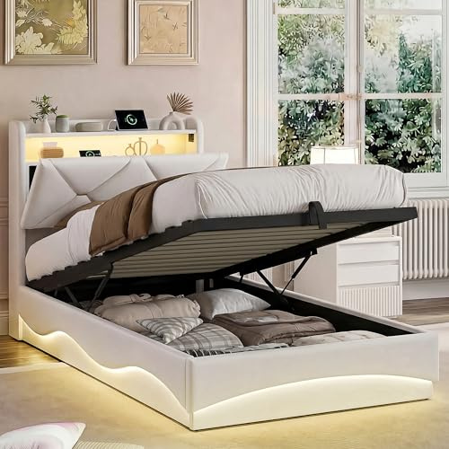 Poeahu Letto Contenitore 90x200 con Illuminazione LED e USB, Letto a Una Piazza con Contenitore Idraulico e Testiera, Letti Singoli con Doghe per 1 Persona, Struttura Imbottita, senza Materasso