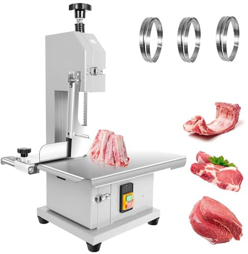 Sierra de Cinta Comercial, Máquina Eléctrica de 1100 W para Cortar Huesos y Carne (Carnicería), Cortadora de Carne Congelada de Acero Inoxidable para Encimera, Mesa de Trabajo de 19x14 pulgadas