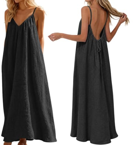 Robe Dos Nu Ajustable Col en V Nu pour Femme d'Été 2026 sans Manches, Longue Robe d'Été Décontractée, Robes d'Été Fluide à Dos Ouvert pour les Vacances, la Plage, la Maison, Couleur Unie S-5XL