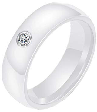 HIJONES Unisexe Blanc 6mm de Large Simple Céramique Couple Anneaux pour Hommes Femmes avec Blanc Zircon Cubique Mariage Bande de Fiançailles Taille 52