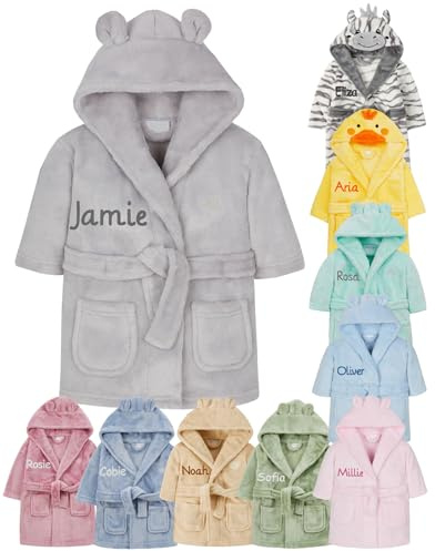Gembroidery Personalised Baby Bathrobe Hooded Fleece Dressing Gown Super Soft Gifts Bath Robe For Boys Girls Cute Teddy Ears (2-3 Grey)