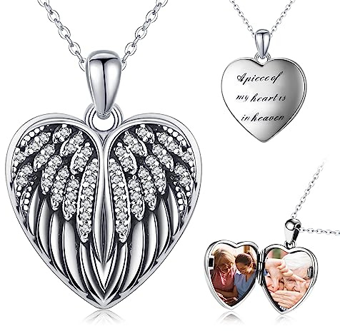 CHENGHONG Collar con medallón de plata de ley 925 con colgante de alas de ángel en forma de corazón que sostiene fotos, collar conmemorativo, joyería de recuerdo, regalos para mujeres y niñas, Plata
