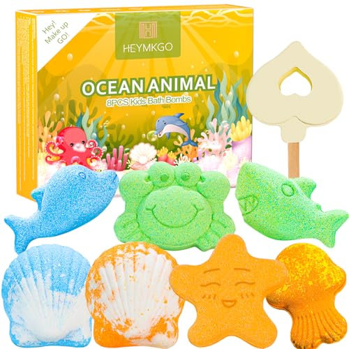 HEYMKGO Badebomben Kinder 8 Stück Duschbomben Meerestier duftende Badebomben reich an ätherischen Ölen Freundlich & Tierfrei Geschenk für Damen Kinder Geburtstag