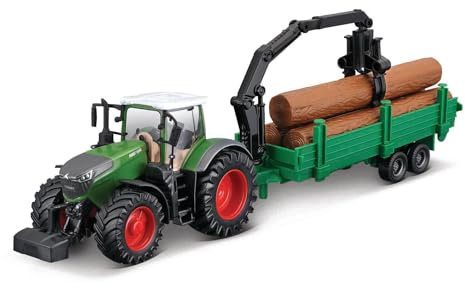 Bburago Traktor Fendt 1050 Vario mit Holztransporter: Spielzeugtraktor mit Schwungrad-Antrieb, beweglicher Holzgreifer, abnehmbare Fahrerkabine, ab 3 Jahren, grün (18-31677)