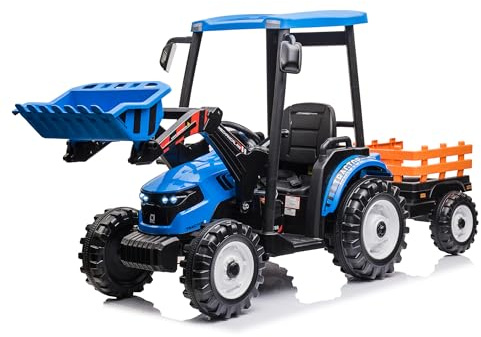 Kidsera 24V Kids Ride on Tractor with Trailer & Front Loader, 3 In1 Tractor 4-Gearbox 24volt Dual Motors Metal Frame, 24V Ride on Toys for Big Kids, Power Wheels Kids Electric Vehicles (Blue)