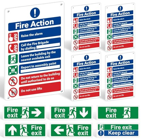 Fire Safety Signs Pack of 11, Fire Action Notice & Emergency Exit Signs | Self-Adhesive Exit Stickers & Pre-Drilled Fire Action Signs, 11 Piece Pack for Offices, Schools and Buildings