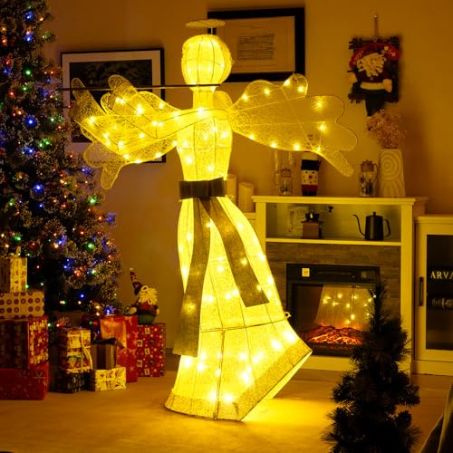 COSTWAY Angelo Natalizio Illuminato da Esterno, Decorazione Natalizia con 100 Luci LED, 4 Picchetti da Terra e 10 Fascette, per Giardino, Cortile e Prato (Modello 3)