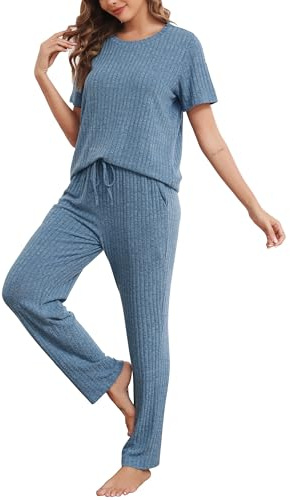 Wikoan Pyjamas Set for Women Ribbed Tracksuits Set Short Sleeve Tops and Wide Leg Pants 2 Piece Outfits Loungewear Sleepwear with Pockets Drawstring Cobalt Blue,L