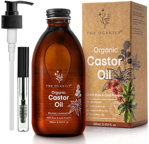 THE OGANICS® Organic Castor Oil 250 ml - 100% Pure, Natural & Cold Pressed for Eyelashes, Eyebrows, Beard & Nails - Vegan and Hexane Free - Castor Oil + Glass Bottle + Pump + Mascara Kit