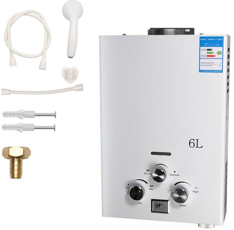 Calentador de agua de gas GLP de 6 L, 12 kW, con modo de invierno y verano, juego de ducha, indicador LED, calentador de agua sin tanque, calentador de agua para casa, camping, viaje