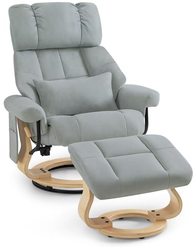 M MCombo Relaxsessel mit Hocker, Drehbare Fernsehsessel mit Liegefunktion, Moderner TV-Sessel Stuhl für Wohnzimmer, mit Kissen & Seitentasche, 9066 (Mikrofaser, Hellgrau)