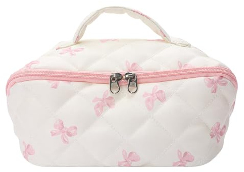 Eoixuqba Neceser Rosa con Lazo - Bolso De Aseo Bonito Gran Capacidad - Organizador Cosmético para Mujeres Niñas Viajes Escuela Hogar Cuidado Piel Lápices Brochas Artículos Higiene