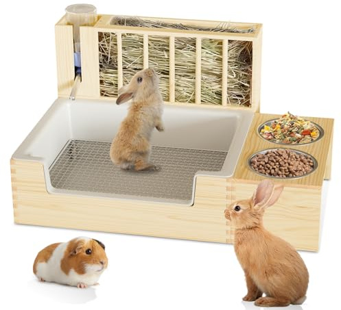 Chloraeon 4-in-1 Waterproof Wooden Rabbit Litter Box with Hay Feeder, 2 Food Bowls, and Water Bottle | Large Capacity, Waste-Preventing Design for Rabbits, Guinea Pigs, Chinchillas, and Small Animals