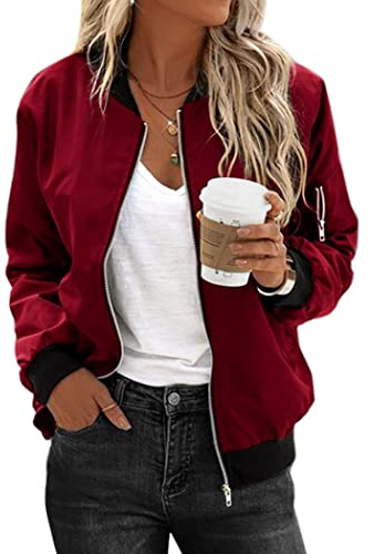 Zeagoo Women Classic Solid Biker Jacket Zip up Bomber Jacket Coat ,Wine Red ,Medium