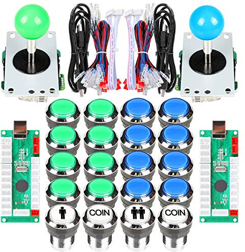 Fosiya 2 Player Arcade Joystick LED Chrome Push Buttons for PC MAME Raspberry Pi Video Games Arcade Cabinet Parts (Blue - Green Kit)