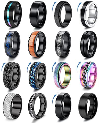 Adramata 16 Stück Angst Ring für Herren Edelstahl Schwarz Fidget Ringe Band Spinner Ringe Set für Hochzeitsversprechen 6/8 mm breit Größe 7-12