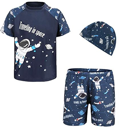 FedMois Boy Swim Set, 3 Pieces Set Swim Shirt + Swimming Shorts + Swimming Cap, Space, 7-9 Years