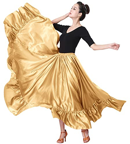 SANCAN Ruffle Long Full Folklorico Mexican Bomba y Plena Dance Skirt for Women (Gold)
