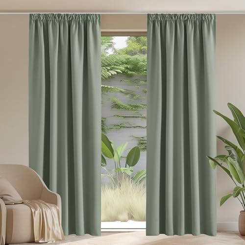 PONY DANCE Blackout Pencil Pleat Curtains, Sage Green, W90 x L90, 2 Panels | Thermal Insulated Curtains with Noise Reducing & Privacy, Luxury Soft Window Treatment for Bedroom & Living Room