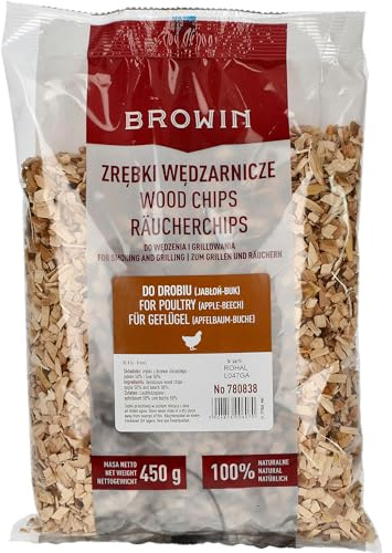 Browin® rökelsechips äppleträd och bokmix 450 g 780838 | rökelseträ 1:1 blandning för fjäderfä | rökelsespån 6–8 mm för rökning och grillning | smoking chips för röker, gasgrill och grill