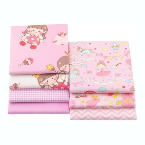 CraftsFabrics 7pcs Pink Princess Cotton Fat Quarter Checkered Stripped 50x40cm Wide Sewing Baby Cloth Infant Linens Kids Bedding Cushion Patchwork Fabric