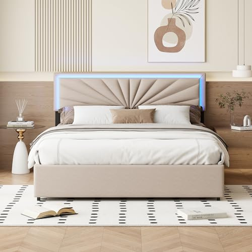 KEFSR Letto imbottito da 160 x 200 cm, 4 cassetti con illuminazione a LED, letti contenitori, senza molle, chiusura per cassetti, doghe in legno, base per materasso (160 x 200 cm)