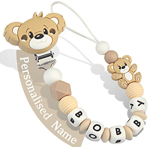 Yolnkos Attache Sucette Nom Personnalisé Prenom Teddy Ours Tetine Clips Chaîne pour Bébé Filles Garçons(Brun)