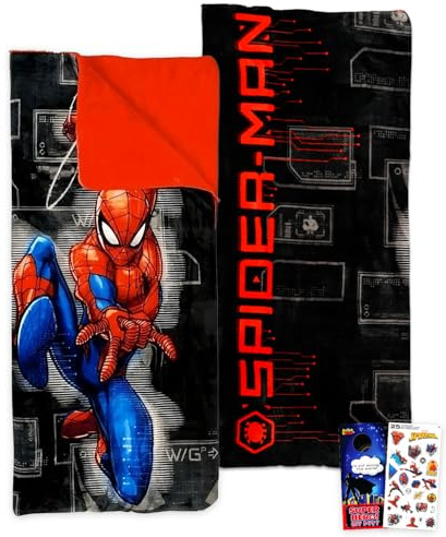 Marvel Ensemble de sacs de couchage Spiderman pour garçons – Lot de 137 x 142 cm avec sac de couchage, oreiller, autocollants, plus | Sac de couchage Spiderman Silk Touch