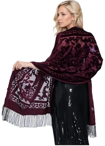 Yuetide Bufanda pashmina chales y envolturas para mujer, para vestido de noche, boda, chal con flecos, bodas, damas de honor, bailes, fiestas, granate, Talla única