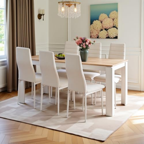 FURNITABLE Mesa de comedor con 6 sillas de comedor, con respaldo alto, silla de piel sintética para 6 personas, conjunto de asientos para cocina o salón (mesa de 160 cm de roble y blanco, 6 sillas