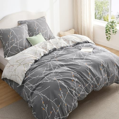 BEDSURE Biancheria da letto 200 x 200 cm, 3 pezzi, copripiumino da 200 x 200 cm, con 2 federe da 65 x 65 cm, Öko-Tex double-face, motivo con rami grigi per letto matrimoniale con chiusura lampo