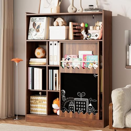 boorbin Libreria con lavagna, ante scorrevoli e ripiano per foto, scaffale aperto a 9 scomparti con ampio spazio di archiviazione, 120 x 38,5 x 151,5 cm, colore: noce
