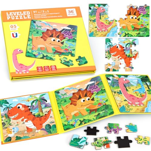 BBLIKE 3-pack barnpussel med magnet, dinosaurier, pussel, pedagogiska leksaker, rampussel för barn från 3 år