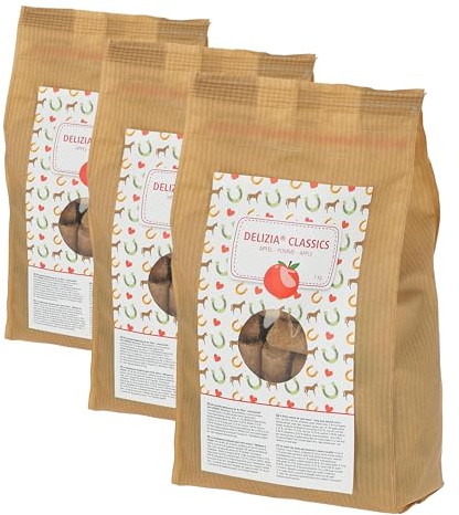Kerbl Delizia Classic 325007 - Cubo de recompensa (para Caballos, Bolsa de 1 kg, Sabor a Manzana, con Contenido Natural en minerales y Aperitivos para Caballos) (Paquete de 3)