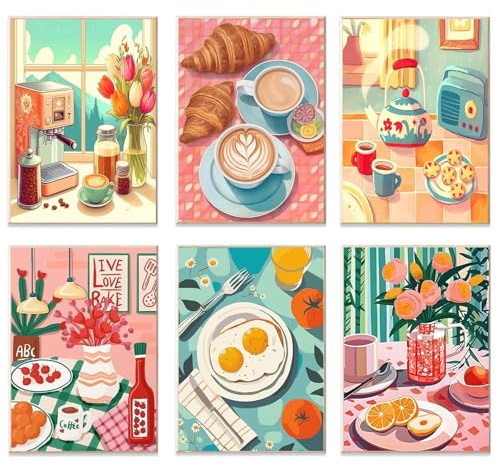 Paint by Numbersa for Adults 6 Pack Painting by Numbers for Adults Canvas Advanced Acrylic, Kitchen Bar, Kitchen Food, DIY Paint by Number for Beginners, Paint Kit for Home Wall Decor 24X16 cm