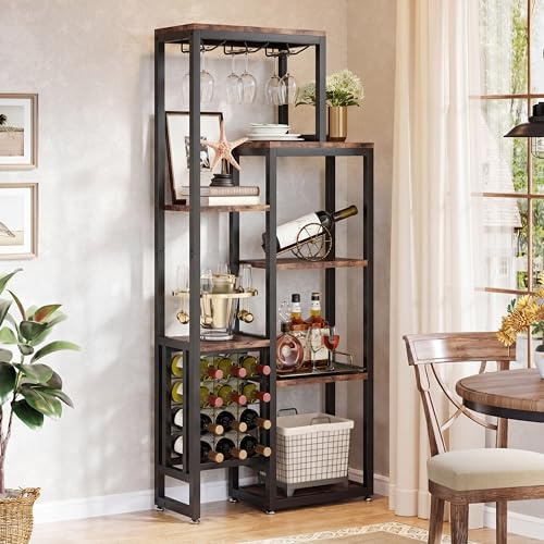 Tribesigns Freestanding Wine Rack, 5 Tier Wine Bar Cabinet with Glass Holder and Bottle Storage, Industrial Wine Display Shelf for Kitchen Dining Room Bar, Rustic Brown