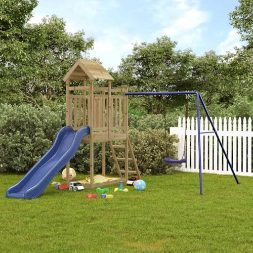 YunCangg Torre de juego de madera de pino tratada a presión con columpio, tobogán ondulado, escalera y caja de arena para jardín y diversión al aire libre, robusto marco de escalada para niños de 3 a