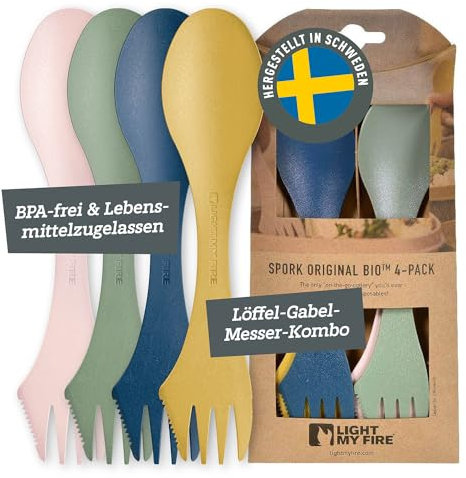 Light my Fire Spork Original 3-in-1 Camping Cutlery Knife Fork Spoon Set Survival Gifts for Scouts Camping Accessories Sporks Reusable Travel Cutlery Set 4-Pack Nature