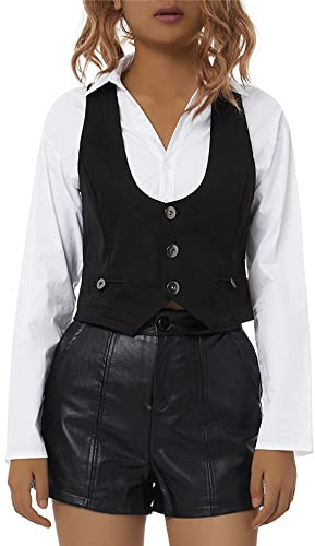 Acrawnni Women Y2K Waistcoat Vest Halter Neck Button Down Dressy Vests Tuxedo Suit Racerback Sleeveless Vintage Slim Fit Streetwear