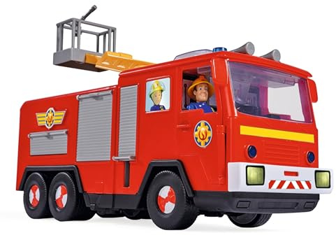 Simba 109252516 – Sam Le Pompier Jupiter de la série 13, avec Figurine et Radar Dalmatien, Schnuffi, 2 Sons différents, lumière Bleue, échelle rotative à déplier, Camion de Pompier de 31 cm, à partir