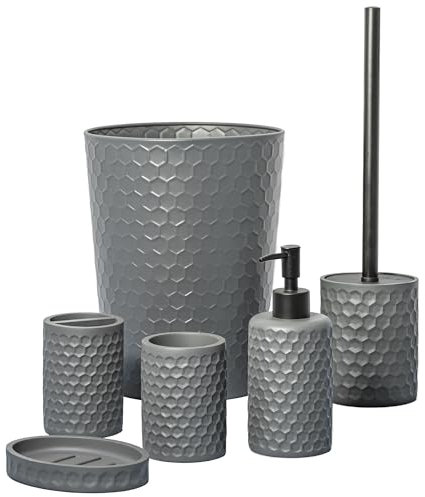 ZCCZ Badezimmer Set – 6-teiliges Organizer-Set mit Toilettenbürste, Mülleimer, Zahnbürstenhalter, Seifenspender, Schale, Becher – Elegante Deko im grauen Hexagon-Design für stilvolle Badgestaltung